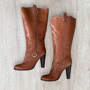 Lauren Ralph Lauren Honey Brown Valora Pull On Buckle Mid Calf Stacked Heel Boot